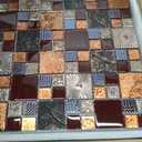 Blujellyfish Red Wine Colors Glass Tile 2'' x 2'' Leaf Carving Imprints Antique Mosaics Textured Rose Gold Metal Kitchen Bathroom Walls Backsplash Tiles (Pack of 5 Square Feet)