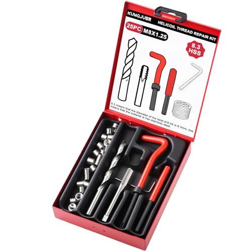 KUNGJUER Metric Thread Repair Insert Kit, M8x1.25mm helicoil Thread Repair kit with HSS Drill Bits, Rethreading Inserts Tool Set for Damaged Thread Repairing with Carry Case