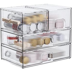 ZHIAI Stackable Storage Box, Acrylic Organizer, Cosmetic Organizer for Cosmetics and Beauty Products for Dressers, Bathrooms, Cabinets, Bedrooms and Home Organization 4 Piece Set (2long 2 Short)