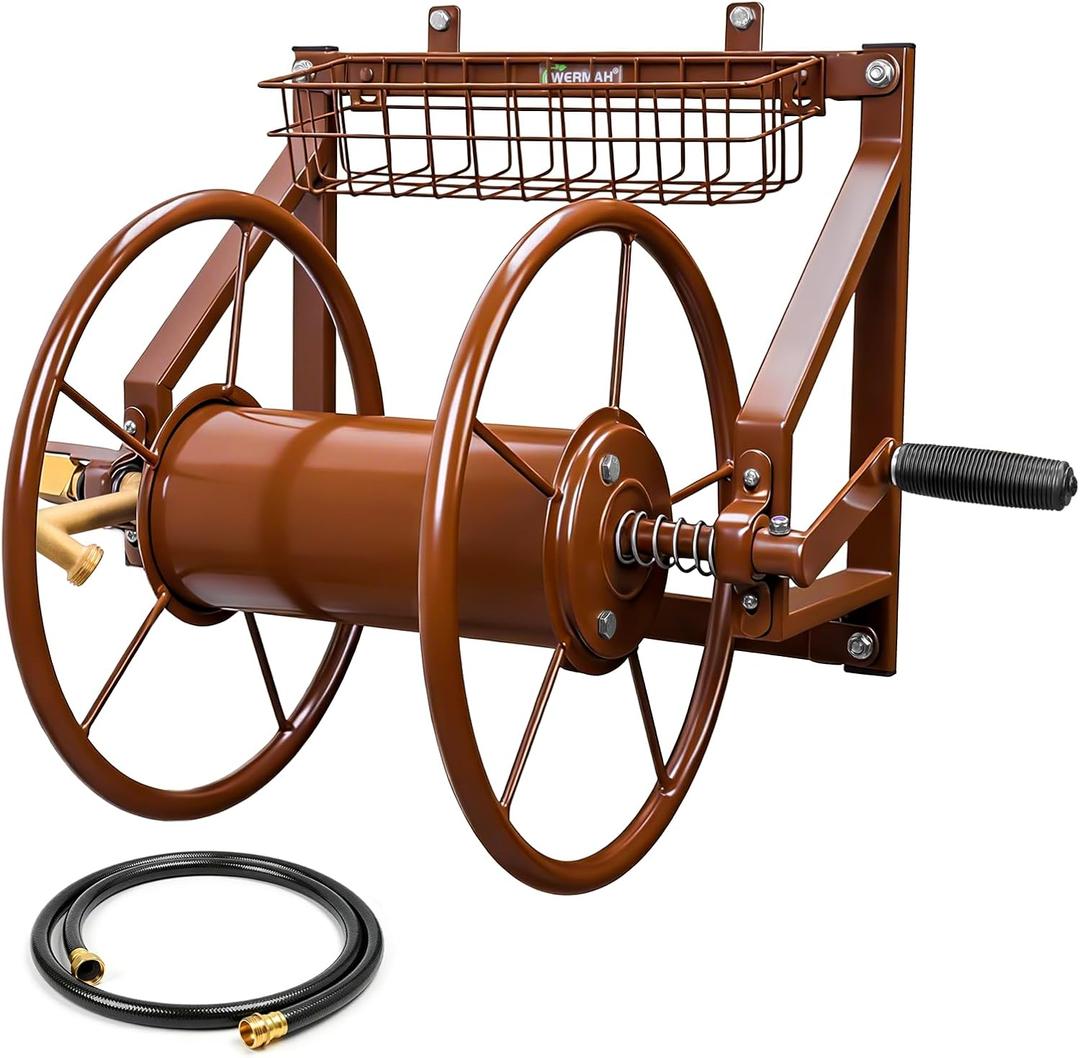 Garden Hose Reel Wall Mounted,Heavy Duty Metal Holds 155ft 5/8" Hose | Space-saving wall mount for outside, lawn, yard. Brass connector-no leaks, sturdy steel, rust-resistant, easy roll & install