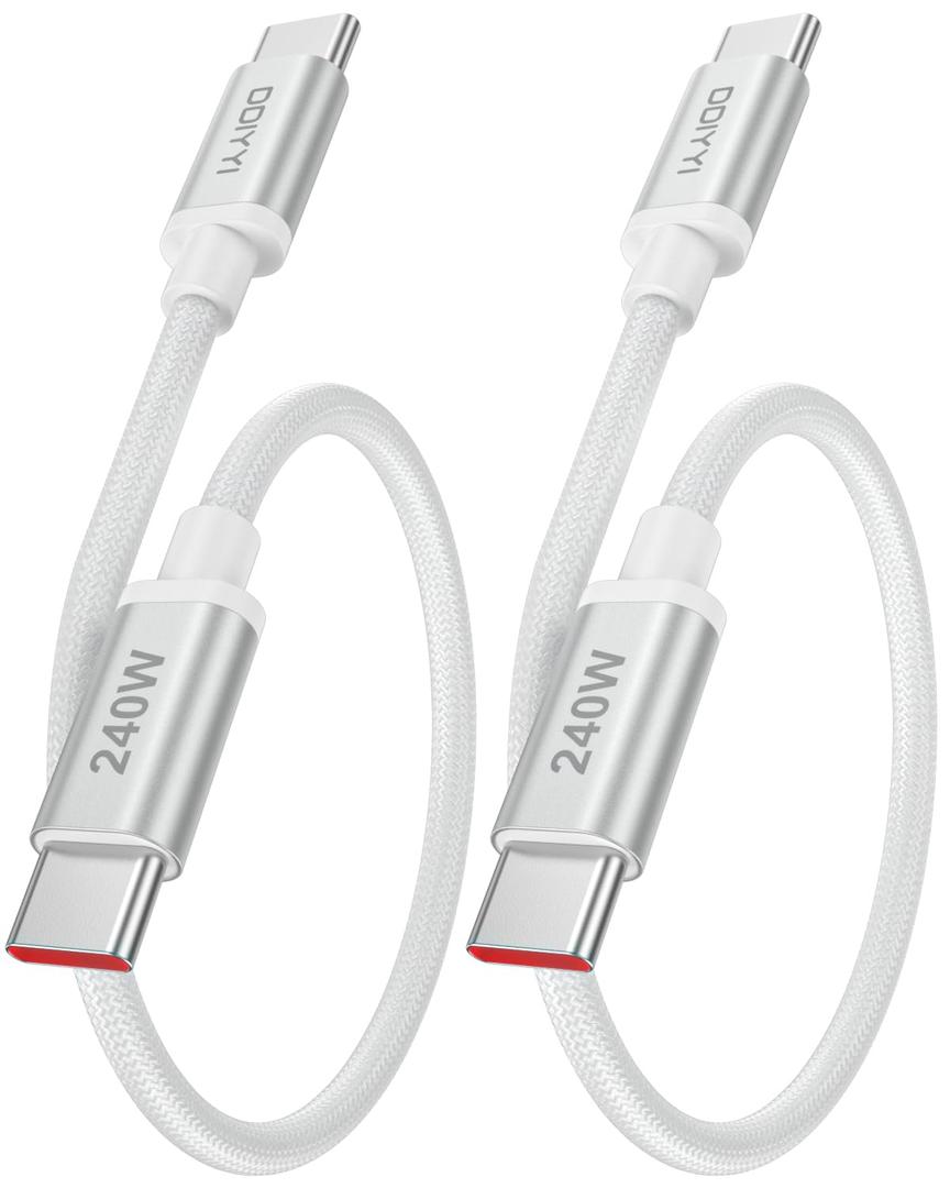 DDIYYI 240W 100W Short USB C to USB C Cable 1ft 2-Pack, PD3.1 Fast Charging USBC Type C Charger Cord Braided for iPhone 17 Air 17 16 Pro Max 12 Inch Portable Cord Macbook Pro Samsung etc.(White)(0.3M)