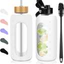Glass Water Bottles 64 oz - Half Gallon Large Motivational Daily Water Intake Bottle Time Marker - Glass Water Bottle With Straw, Silicone Sleeve 2 Lids, Handle Spout & Bamboo Lid (White)
