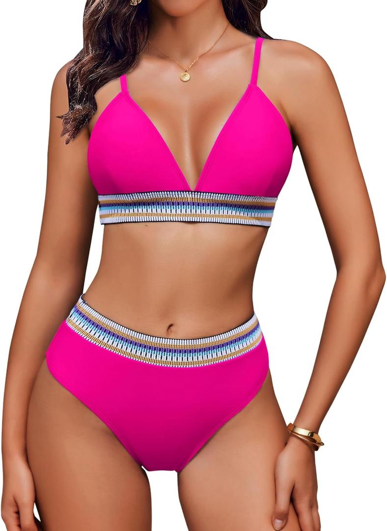 AI'MAGE High Waisted Bikini Sets for Women 2025 Triangle Color Block Two Piece Swimsuits Tummy Control Bathing Suits, Rose Red XL