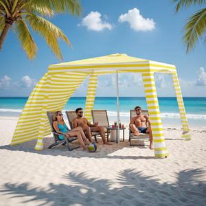 Beach Cabana-6.6x6.6Beach Canopy with Side Wall,Portable Umbrella Tent with Sand Pockets for Family & Friends,Easy Up Beach Sun Shelter for Outdoor Patios,Backyards,and Camping,Yellow Stripes, 78.74 x 78.74 x 90.55 inches