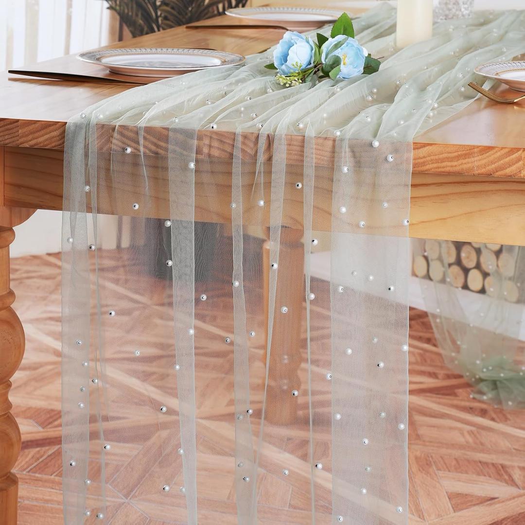 6pcs Sage Green Pearl Table Runner 120 Inch Long Boho Rustic Tulle Lace Table Runner for Baby Bridal Shower Wedding Arch for Spring Summer Pearl Table Cloth Decor