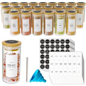 SpaceAid 24 Pcs Spice Jars with Bamboo Lids and Labels, Empty 4oz Glass Bottles, Minimalist Farmhouse Stickers with Funnel, Seasoning Containers for Spice Rack, Cabinet and Drawer