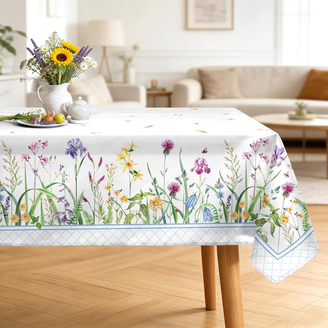 Wildflower Grass Summer Tablecloth Waterproof, Iris Flowers Table Cloth Rectangle Stain Resistant, Washable Table Cover for Home Kitchen Dining Party Decoration (6084 Inch) (Inflorescence)