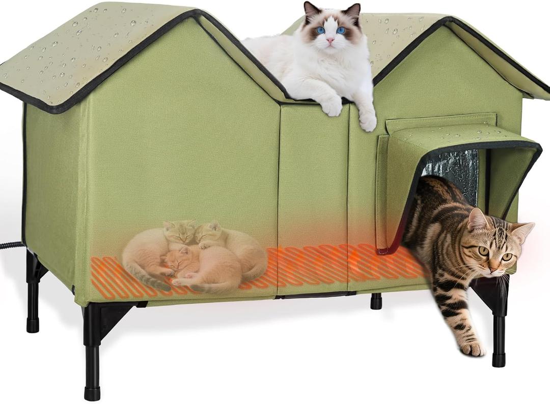 Extra Large Heated Cat House for Outside in Winter, Elevated Heated Outdoor Cat House Weatherproof with Heating pad, Insulated Outdoor Cat Shelter for Multiple Cats Small Dogs(Green)