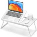 FISYOD Foldable Laptop Desk for Bed Couch, Adjustable Split Lap Desk with Cup Holder, Portable Lightweight Bed Table Tray, Heavy-Duty Laptop Stand for Working, Writing, Reading and Eating - White