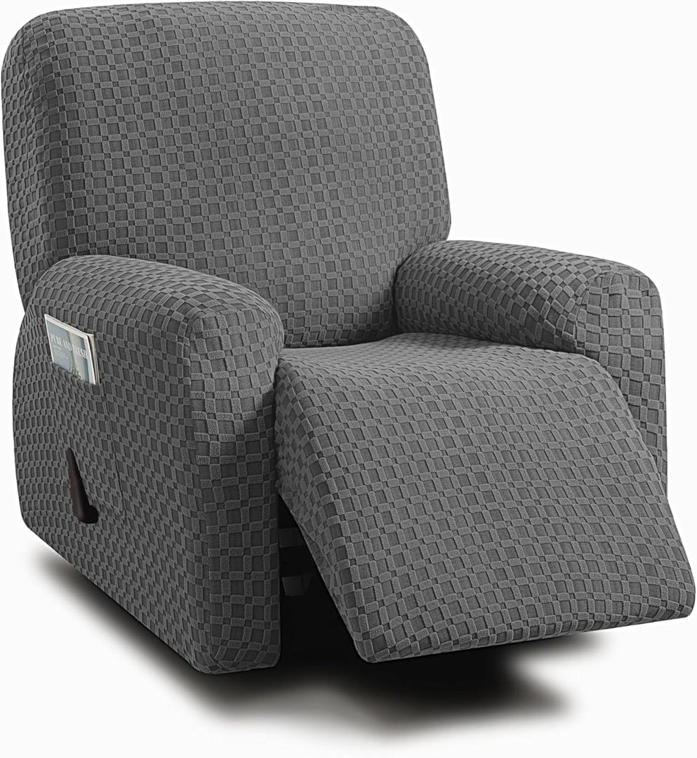 ULTICOR 4-Piece, 1 Seat Recliner Cover, Jacquared Stretch Reclining Chair Covers for 1 Cushion Reclining Sofa, Single Seat Recliner Couch Cover Soft, Machine Washable (Style 2) (Dark Grey)