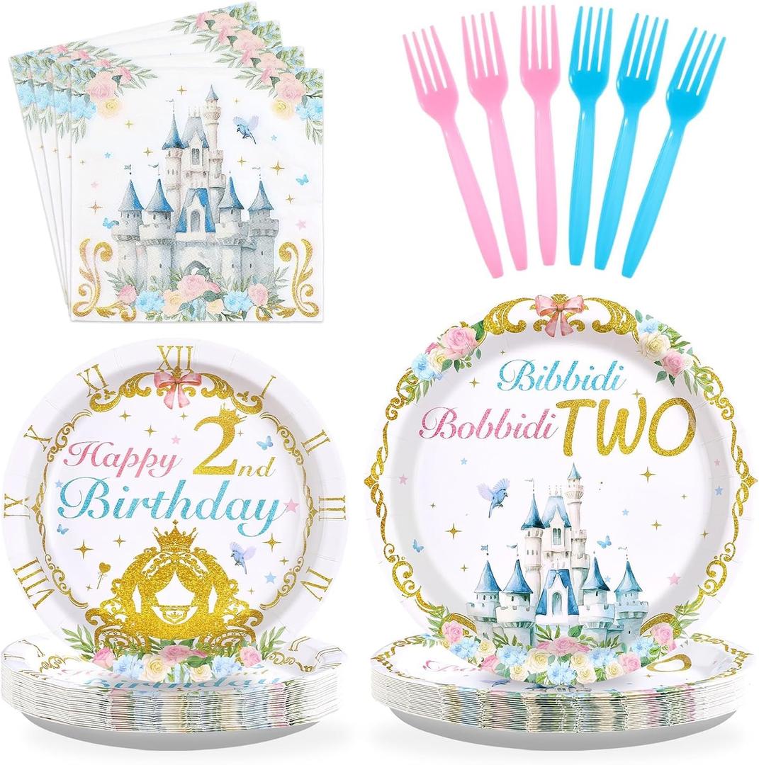 Grencian 96Pcs Princess Birthday Party Supplies Bibbity Boppity Two Party Plates and Napkins Disposable Happy 2nd Birthday Tableware Set for Girls Two Years Old Party Decorations Serves 24