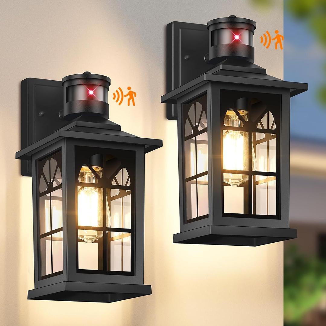 2-Pack Motion Sensor Outdoor Wall Lights, Dusk to Dawn Porch Lights Outdoor Wall Sconces Lanterns, Aluminum Exterior Lighting Fixtures, 3 Lighting Modes Outside Lights for House Front Door Garage, 12.6"
