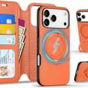 TUCCH Removable Case Wallet for iPhone 17 Pro Max, 3 Card Slots RFID Blocking, Adjustable 360 Rotation Ring Kickstand, Slim Wireless Charging 2-in-1 Magnetic PU Leather Shockproof Cover 6.9", Orange