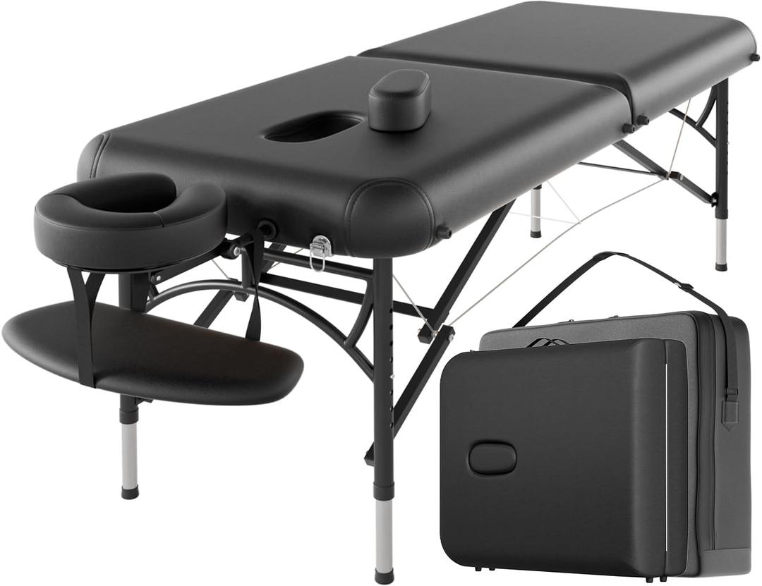 CLORIS 84" Professional Massage Table Portable 2 Folding Lightweight Facial Solon Spa Tattoo Bed Height Adjustable with Carrying Bag & Aluminium Leg Hold Up to 1100LBS (Black)