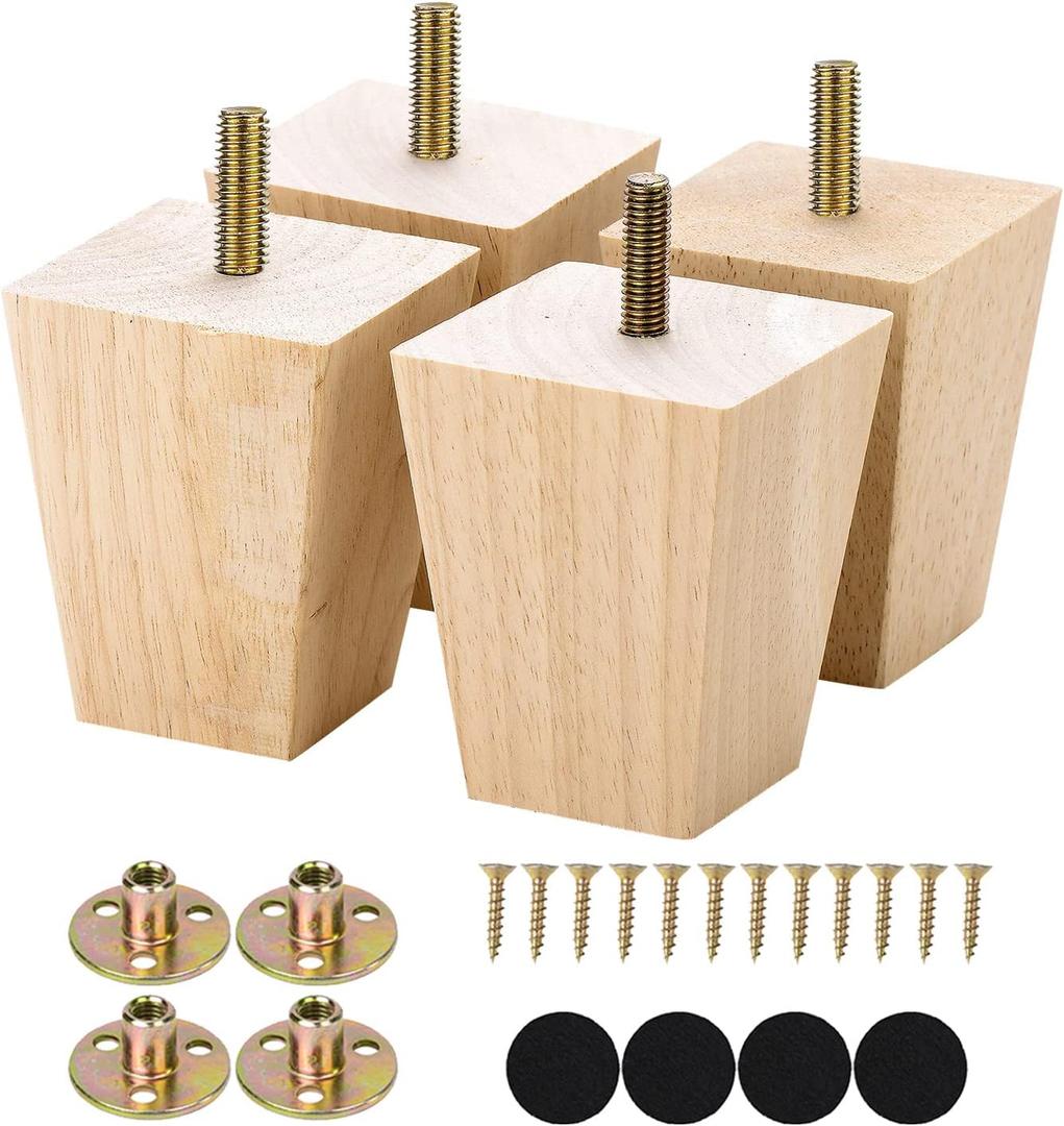 Michanco 3 Inch Unfinished Wood Furniture Legs Set of 4 DIY Square Tapared Wood Furniture Feet for Couch Sofa