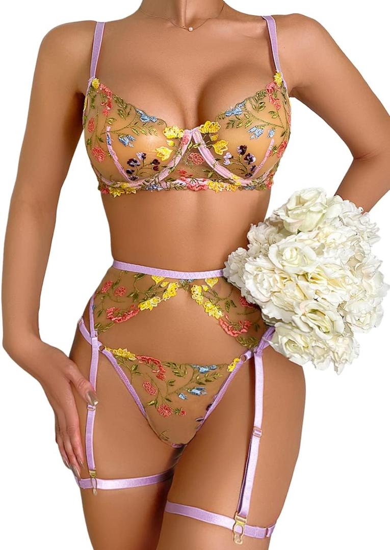 Kaei&Shi Vibrant Floral Embroidery, Underwire, Thong, Thigh Straps, Lingerie Set (12, Light Purple)