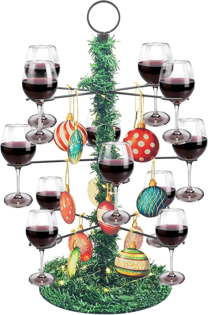 Christmas Metal Cocktail Tree Stand, 3 Tier Lighted Tree Drink Holder with 12Pcs Wooden Christmas Ornaments, 12 Holders Tree Tower Stand for Champagne Martini Cup for Xmas Party Holiday Table (Black)