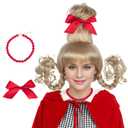 Miss U Hair Adult Women Christmas Wig Long Blonde Braid Wig with Red Beads Necklace Bow (Average Head)