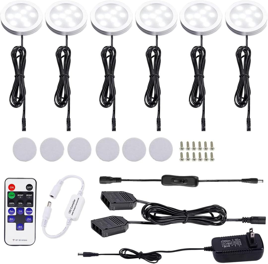 AIBOO 12V LED Under Cabinet Lights Kit 6 Pack Black Cord Aluminum Puck Lights for Kitchen Counter Closet Lighting with Wireless Dimmable RF Remote Control 6 Lights 12W (6000K Daylight White)