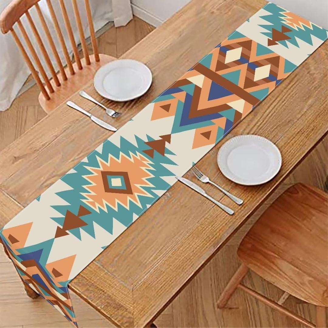 Geometric Aztec Native American Classic Coffee Table Runner - Kitchen & Dining Table Decor, Wedding & Party Decor - Farmhouse Rustic Beige (12" x 72")