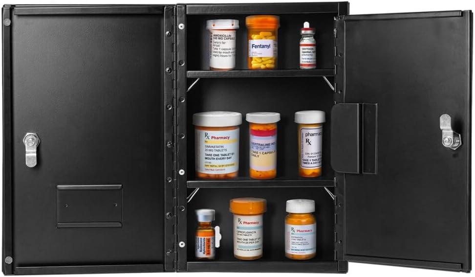 Vivacomfort Large Black Double Door Narcotics Cabinet, Locking Medicine Cabinet, 24 H x 16 W x 8 D