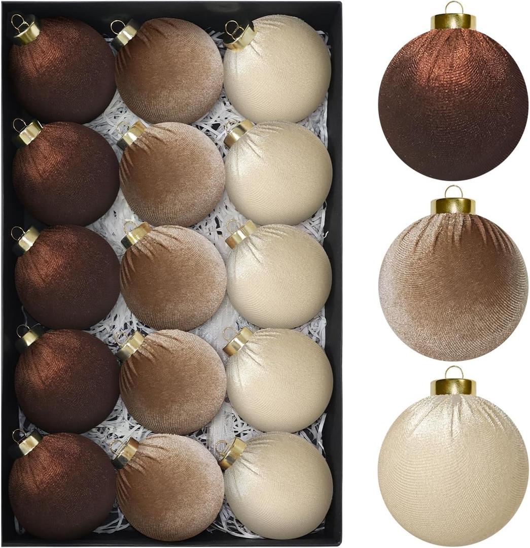 15 PCS Brown Velvet Balls Ornaments for Christmas Tree, 3.15" Large Balls Velvet Christmas Ornaments Set Decor for Tree Mantle Wreath, Neutral Vintage Shatterproof Xmas Indoor Home Holiday Decor