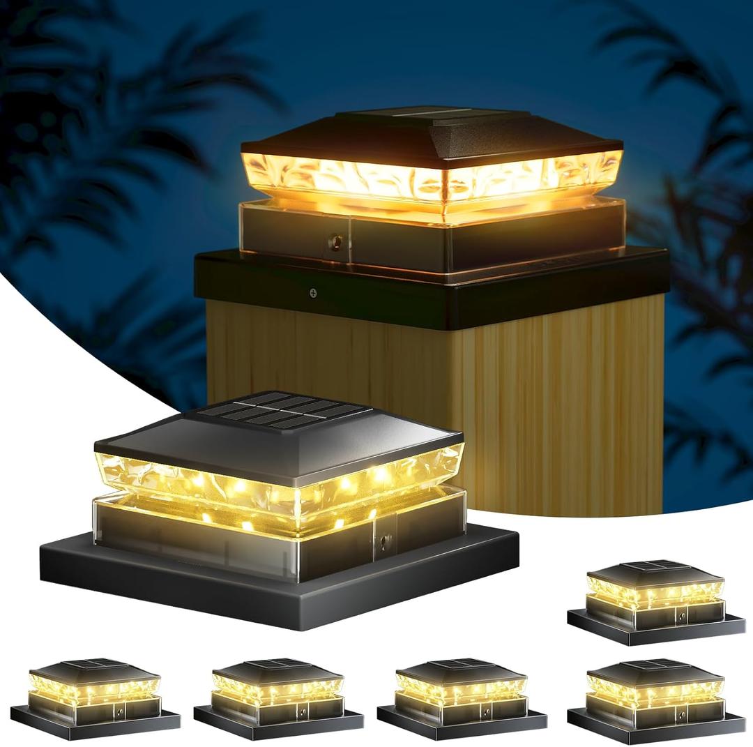 Solar Post Cap Light 6 Packs, Waterproof Fence Post Solar Lights, 4x4 IP65 Black Outdoor Light for Deck Garden & Patio Lights for 3.5x3.5,4x4,5x5 Wood & Vinyl Posts Warm White Lighting