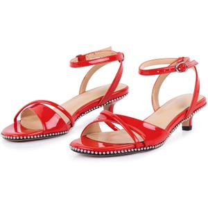 Strappy Gold Heeled Sandals Stiletto Heel for Women Stylish Kitten Heels Womens Platform Sandal Rhinestone Wedding Shoes for Party Dancing Graduation (Size 7, Red)