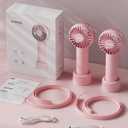 2-Pack Pink Handheld Fan, Small Cute Design, 3 Powerful Speeds, Operated by USB/Rechargeable Battery, Portable Personal Fan with Base & Lanyard, for Eyelash Makeup Travel Beach Office Desk