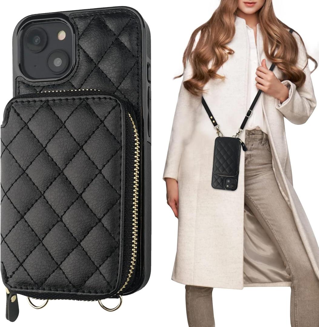 Bocasal Crossbody Wallet Case for iPhone 14, RFID Blocking PU Leather Zipper Handbag Purse Flip Cover, Kickstand Folio Case with Card Slots Holder Wrist Strap Lanyard 5G 6.1 Inch (Black)