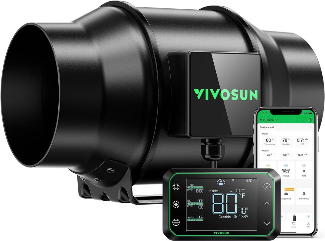 VIVOSUN G6 6" Inline Duct Fan & Temperature Humidity Controller, E42A WiFi-App Control AeroZesh Grow Tent Fan& Smart Thermostat, 388 CFM EC Motor Exhaust Fan for Heating Cooling, Greenhouse Accessory