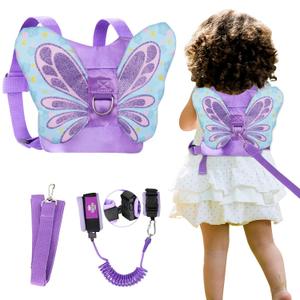 Lehoo Castle Toddler Leash for 1-5 Years, Baby Safety Harness for Girls with Anti-Lost Key Lock & Adjustable Strap, 3-in-1 Wrist Leash and Kids Backpack Harness for Walking Travel (Purple Butterfly)
