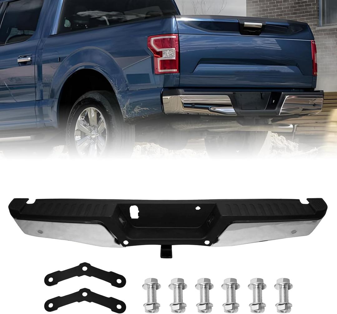 F150 Rear Bumper for 2015 2016 2017 2018 2019 2020 Ford F150 Chrome Steel Rear Step Bumper Assembly With Max Tow Hitch With Parking Sensor Holes Replacement for FO1103191
