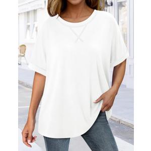 Women's Summer T Shirts Loose Fit Soild Color Basic Flowy Tops Trendy Casual Crewneck Short Sleeve Blouses (White,3X-Large)