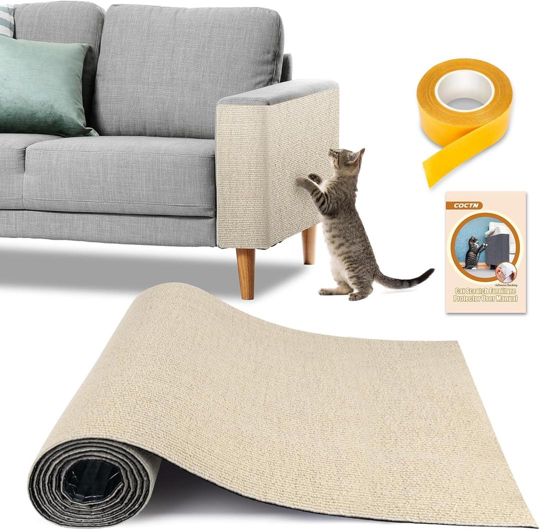 Cat Scratch Couch Furniture Protector, 90" x 16" Trimmable Anti-Scratch Couch Protector from Cat Claws with Double Self-Adhesive Carpet, Great for Sofa & Indoor Wooden Furniture (Off White)