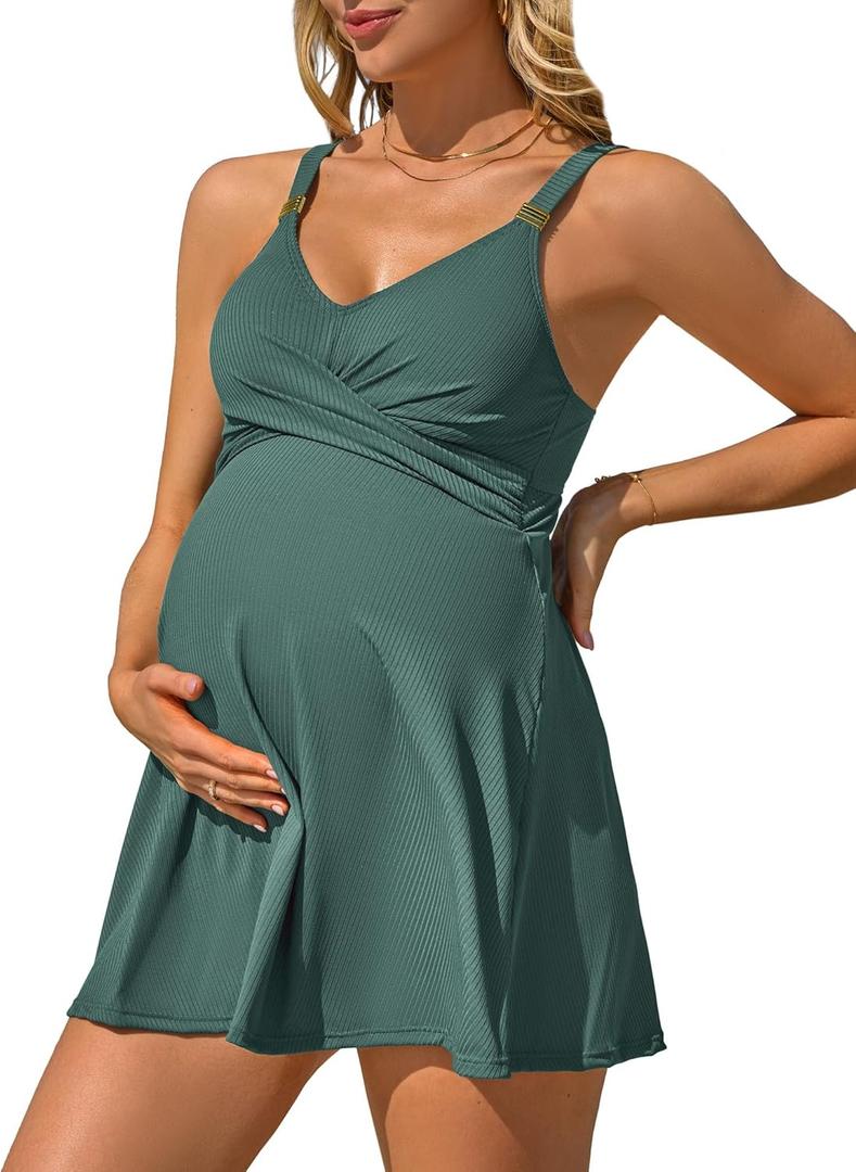 Charmo Women Maternity Swimsuit Ribbed Pregnancy Swimwear Front Cross Supportive Swim Dress Cute Bathing Suit 2026 (X-Large, Green)