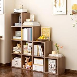 OSCHF Ladder Cube Storage Bookcase, 10-Cube Corner Shelf, Walnut