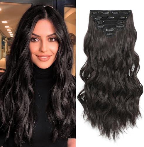 Fliace Clip in Hair Extensions, 6 PCS Natural & Soft Hair & Blends Well Hair Extensions, Dark Brown Long Wavy Hairpieces(20inch, 6pcs, Dark Brown)