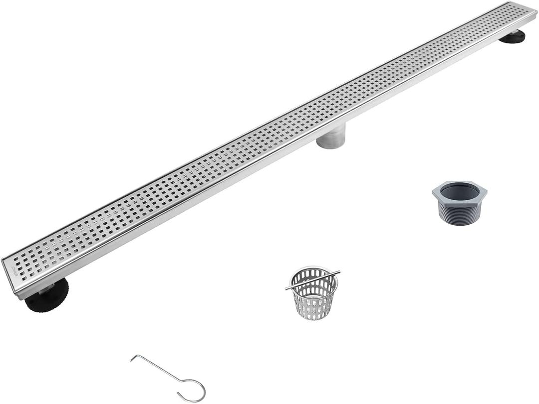 Linear Shower Drain 42", 304 Stainless Steel Floor Drain with Grid Drain Cover & Hair Strainer, Rectangular Shower Drain w/CUPC Certified, Brushed (42 Inch)
