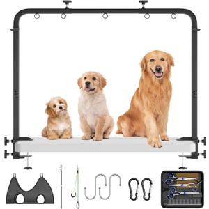 Dog Grooming Table Arm - Adjustable Height & Width, Heavy Duty Dog Grooming Station with 4-Piece Scissors Comb Set, Includes Adjustable Hammock & 2 No-Sit Haunch Holders for Dogs & Cats