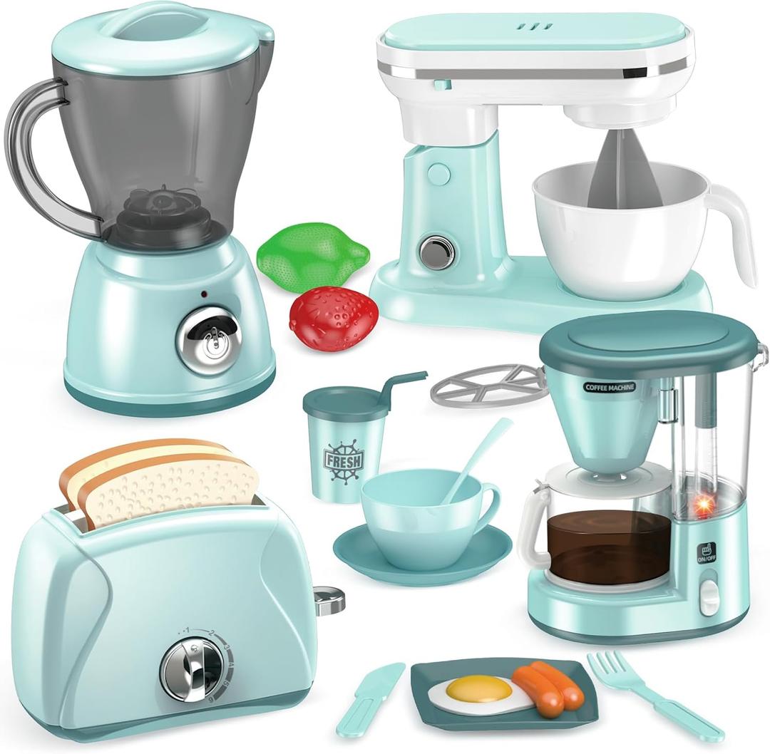 Shemira Play Kitchen Accessories, Play Kitchen Appliances Toy Set with Coffee Maker, Blender, Mixer, Toaster, Kids Kitchen Playset, Toys for 3 4 5 6 7 8 Year Old Girls, Birthday Gifts for Girls (Green)