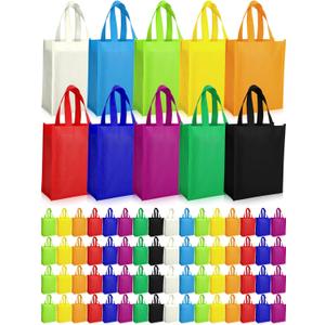 Jexine 100 Pcs Non Woven Tote Bags Large Reusable Gift Grocery Foldable Fabric Shopping Bags Multi Color Party Treat Reusable Goodie Totes with Handles for Party Holiday Favor, 14 x 10 x 4 In