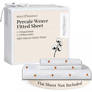 King Size Fitted Sheet with 18" Deep Pockets, No Flat - Percale Weave Natural - Breathable 100% Cotton Printed Bedding, 1 Fitted Sheet + 2 Pillowcases - Peach Dot Print