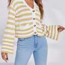 Saodimallsu Womens Striped Cardigan Sweaters Cropped Fall Button Open Front Long Sleeve Knit Sweater Coat with Pockets (Beige)