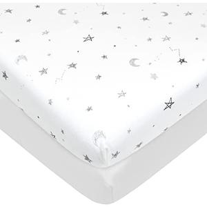 American Baby Company 2 Pack 100% Natural Cotton Fitted Pack and Play Sheets 39" x 27" - Soft & Breathable Pack N Play Sheets for Playard & Mini Crib Mattress, Gray Star and White, for Boys & Girls
