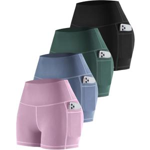 CHRLEISURE Womens Biker Yoga Shorts with Pockets: High Waisted Tummy Control Spandex Workout Athletic Gym Shorts 4 Packs (Medium, 4 Packs - Black/Lilac Pink/Steel Blue/Teal)