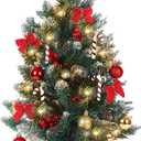 2FT Mini Christmas Tree with Lights Artificial Tabletop Xmas Tree with 26pcs DIY Decors Star Treetop Bows Berries Glitter Balls Pine Cones Wood Base with Burlap DIY Indoor Decor for Holiday