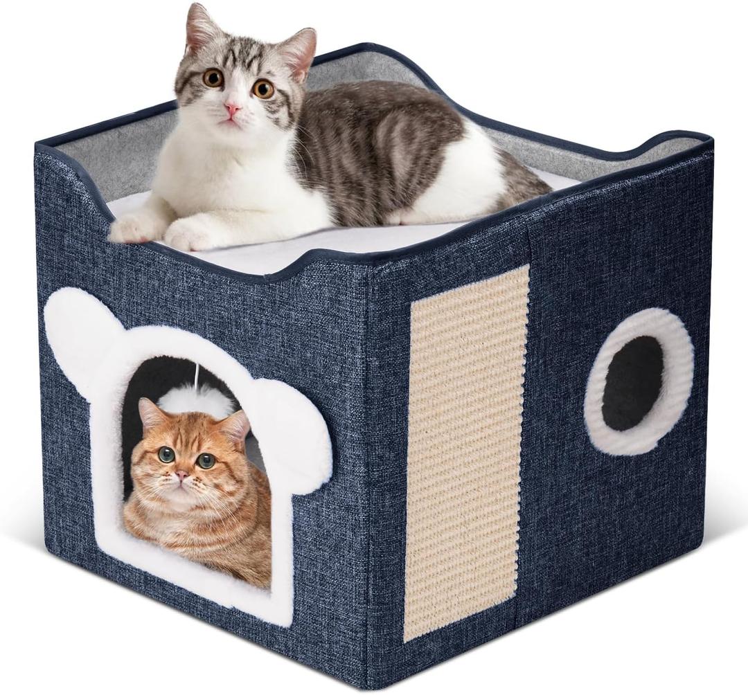 Cat Beds for Indoor Cats, Large Cat House Foldable Cat Cave with Scratch Pad and Hanging Fluffy Ball, Reversible Cushion Hideaway for Pet Cats, 16.5x16.5x13.2 inches, Dark Blue
