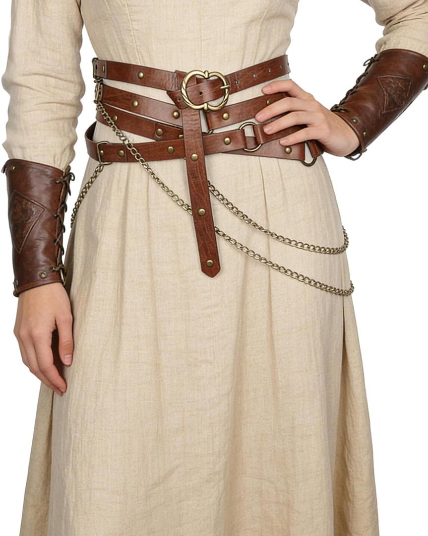 L'VOW Medieval Chain Leather Belt for Women Vintage Thin Belt for Renaissance Dresses Cosplay (Brown)