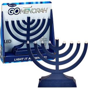 Rite Lite Go Menorah Mini Metallic Electric Menorah - LED Battery/USB Powered Chanukah Menorah Jewish Holiday - Office Car Home Decorations Judaica Hanukkah Gifts, Push Button Multi Light - Blue